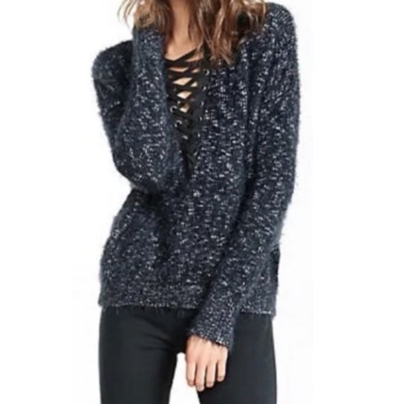 Express Sweaters - Express Fuzzy Lace Up Sweater